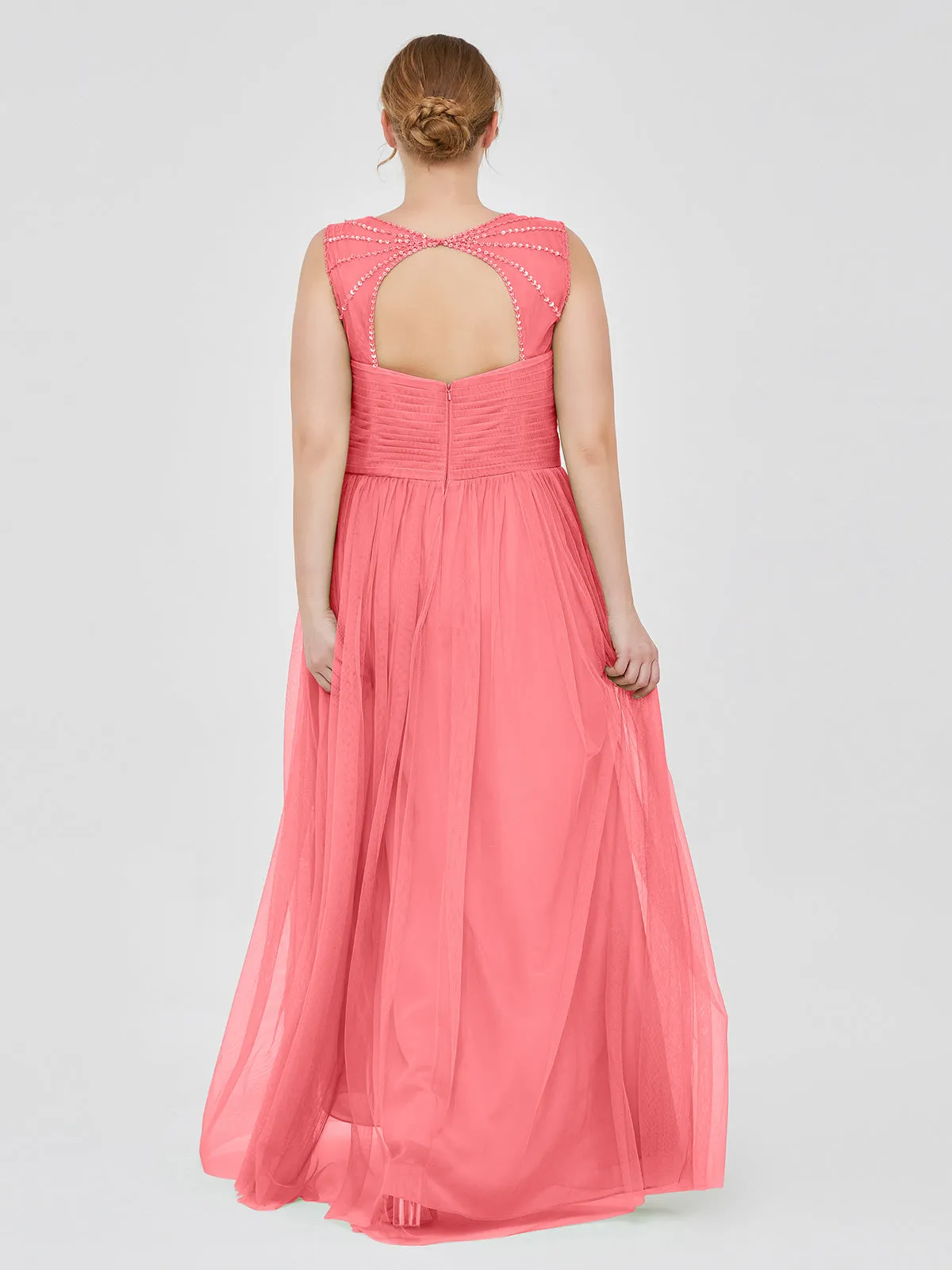 Cross-Pleated Tulle Long Dresses with Beaded Straps Watermelon Plus Size