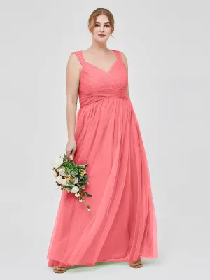 Cross-Pleated Tulle Long Dresses with Beaded Straps Watermelon Plus Size