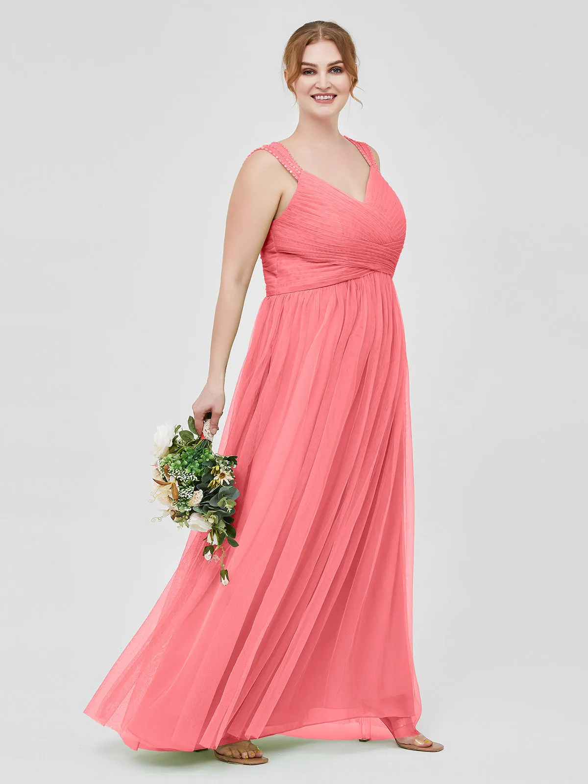 Cross-Pleated Tulle Long Dresses with Beaded Straps Watermelon Plus Size