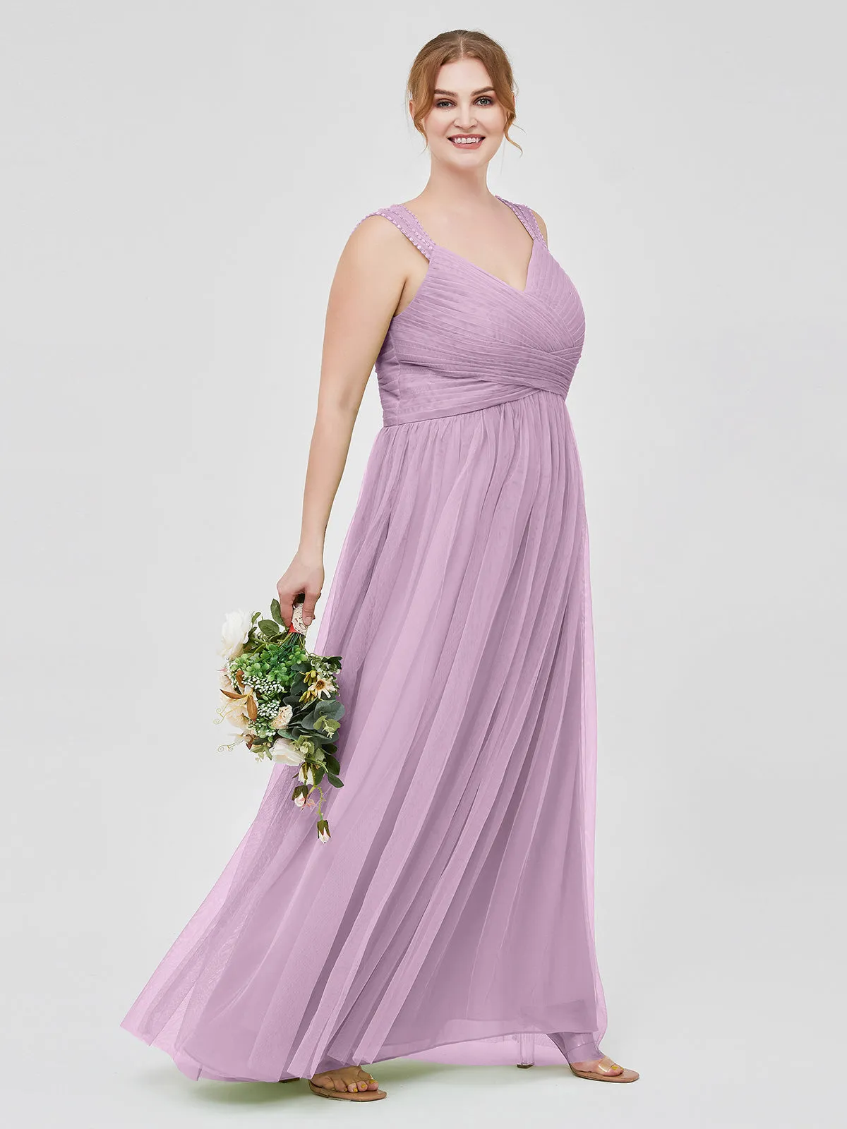 Cross-Pleated Tulle Long Dresses with Beaded Straps Wisteria Plus Size