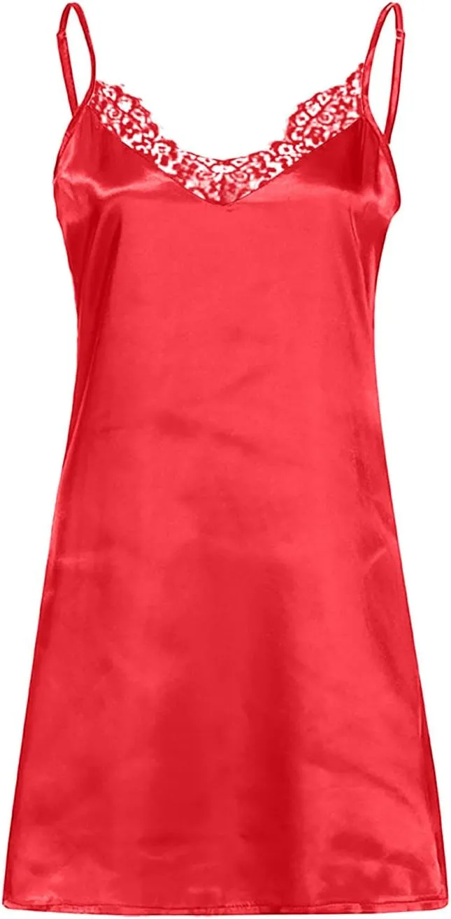 Ctreela Womens V-Neck Slip Dress Lace Deep Nightdress Lingerie Sexy Strap Chemise Nightgown Full Slip Sleeveless Chemise
