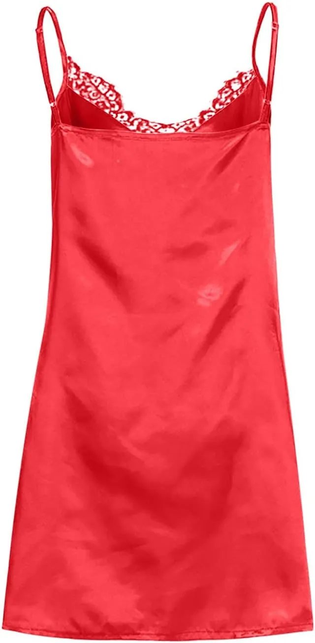 Ctreela Womens V-Neck Slip Dress Lace Deep Nightdress Lingerie Sexy Strap Chemise Nightgown Full Slip Sleeveless Chemise