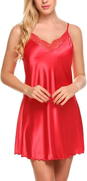 Ctreela Womens V-Neck Slip Dress Lace Deep Nightdress Lingerie Sexy Strap Chemise Nightgown Full Slip Sleeveless Chemise