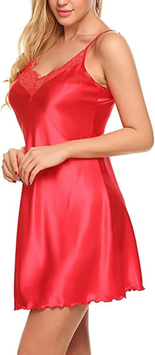 Ctreela Womens V-Neck Slip Dress Lace Deep Nightdress Lingerie Sexy Strap Chemise Nightgown Full Slip Sleeveless Chemise