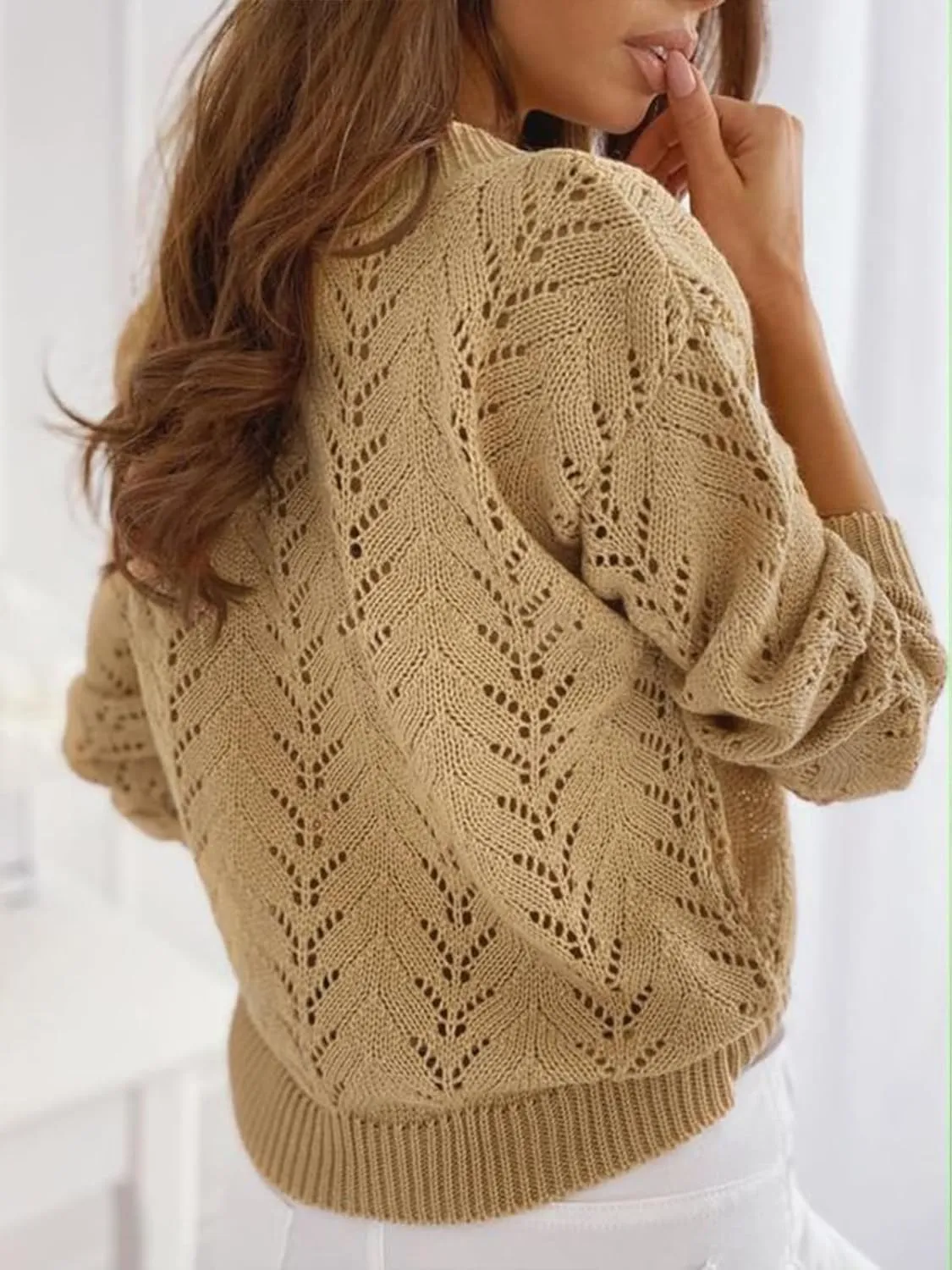 CUPSHE Women's Sweater V Neck Long Sleeve Hollow Cable Knit Pullover Tops