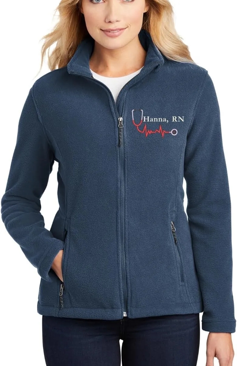 Custom Embroidery Full-Zip Fleece Jackets for women, Low-Pill Midweight with Drawcord Hem for Healthcare workers.
