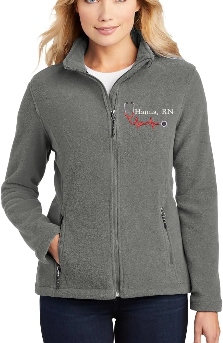 Custom Embroidery Full-Zip Fleece Jackets for women, Low-Pill Midweight with Drawcord Hem for Healthcare workers.