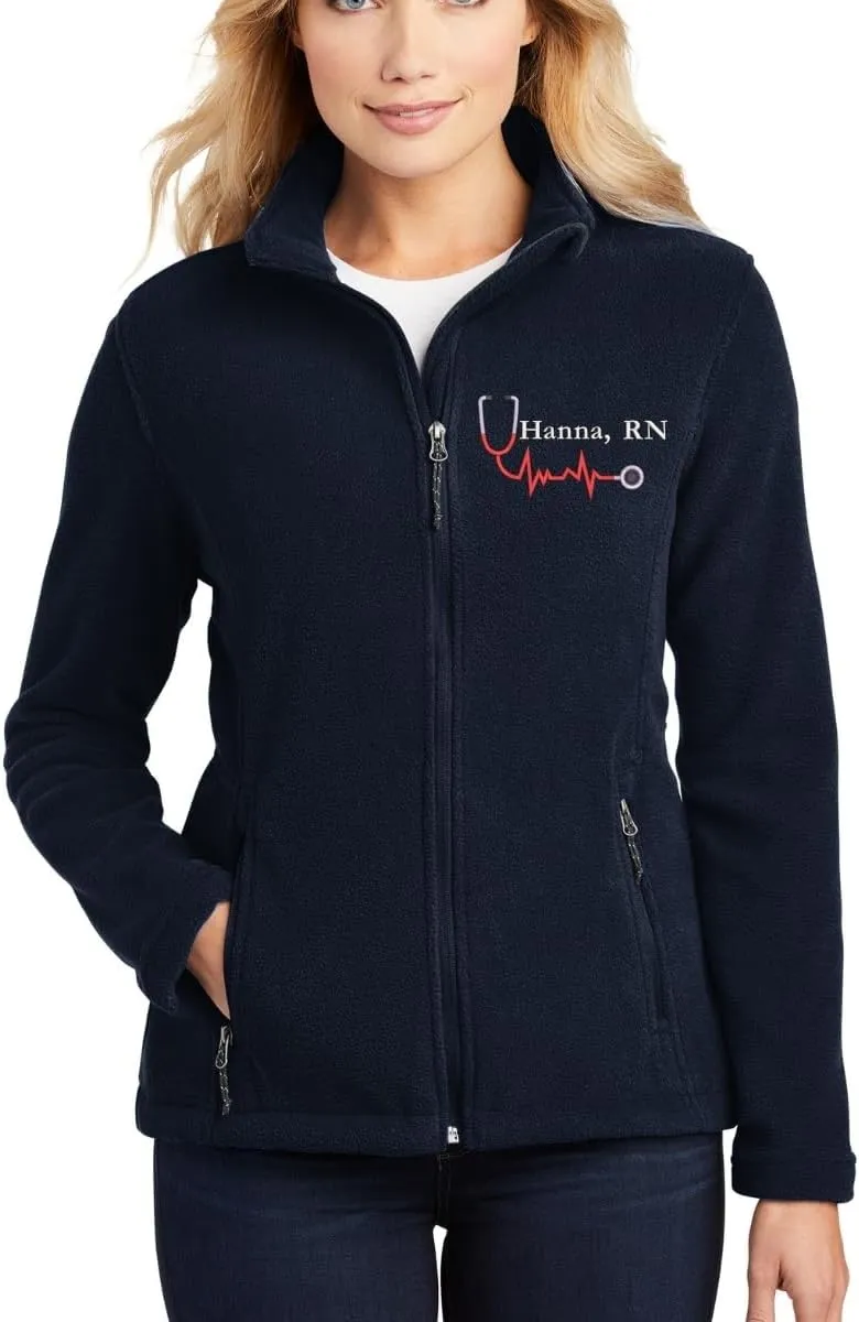 Custom Embroidery Full-Zip Fleece Jackets for women, Low-Pill Midweight with Drawcord Hem for Healthcare workers.