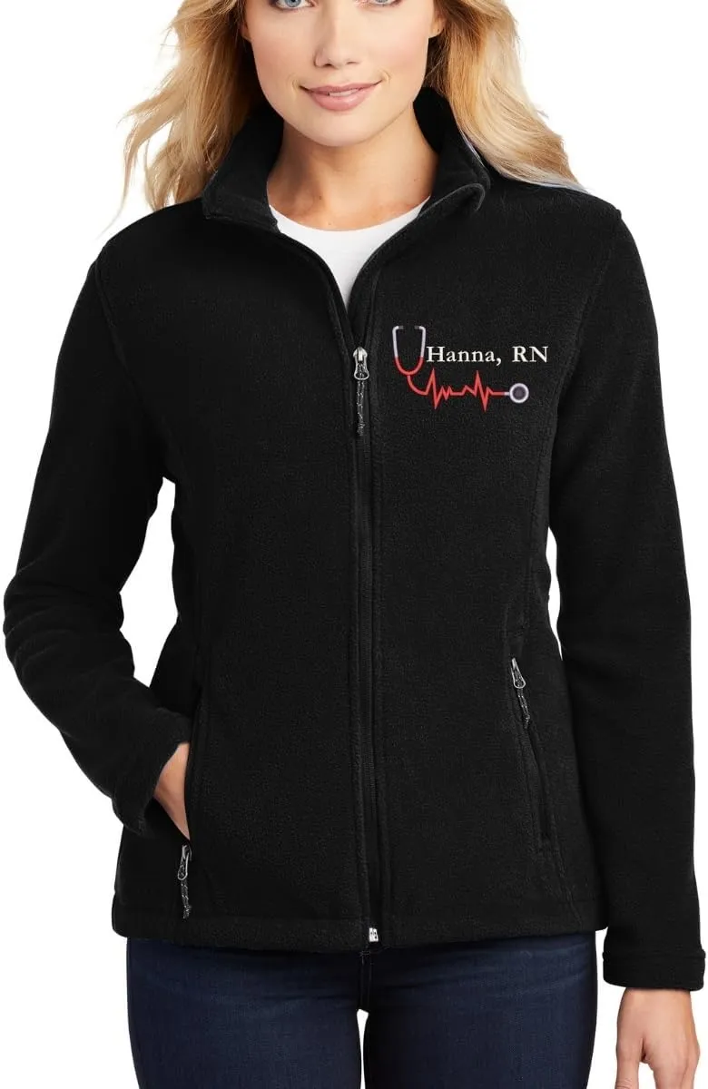Custom Embroidery Full-Zip Fleece Jackets for women, Low-Pill Midweight with Drawcord Hem for Healthcare workers.