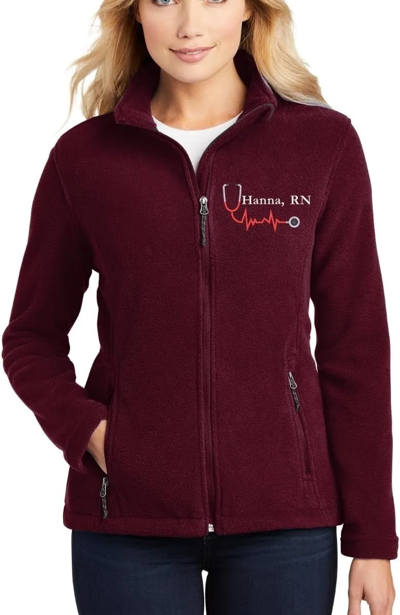 Custom Embroidery Full-Zip Fleece Jackets for women, Low-Pill Midweight with Drawcord Hem for Healthcare workers.