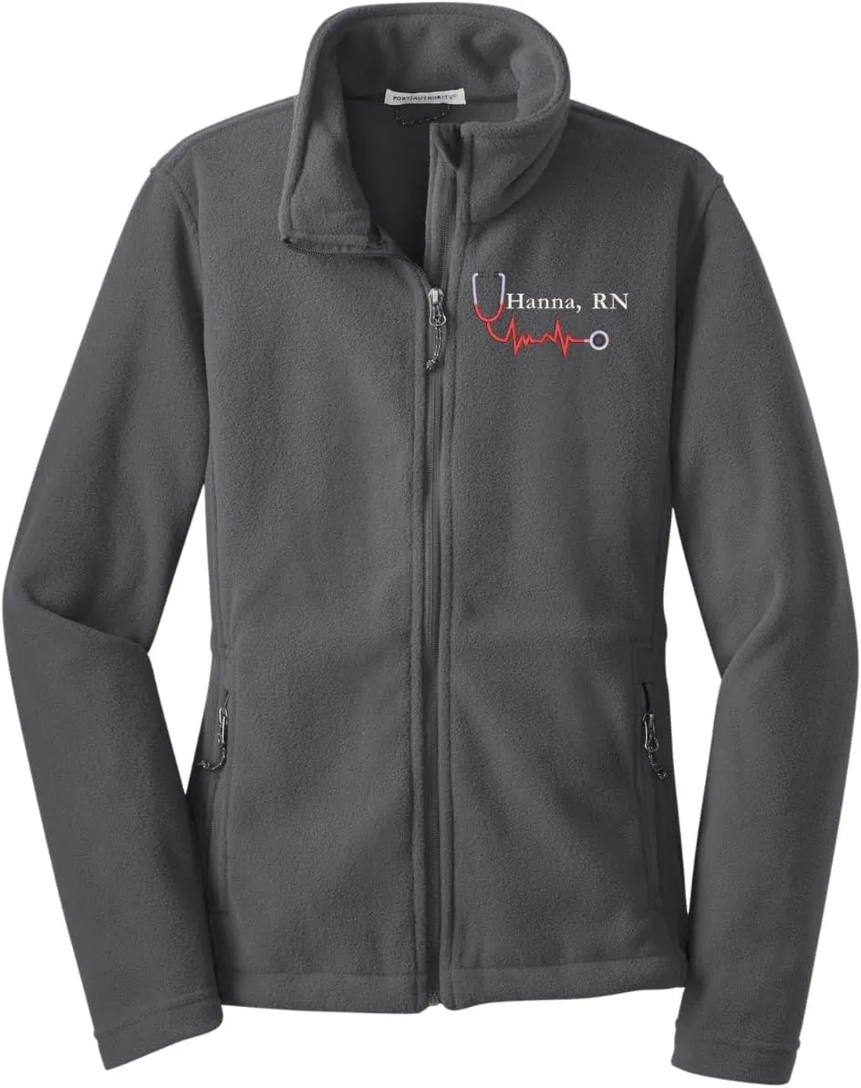 Custom Embroidery Full-Zip Fleece Jackets for women, Low-Pill Midweight with Drawcord Hem for Healthcare workers.