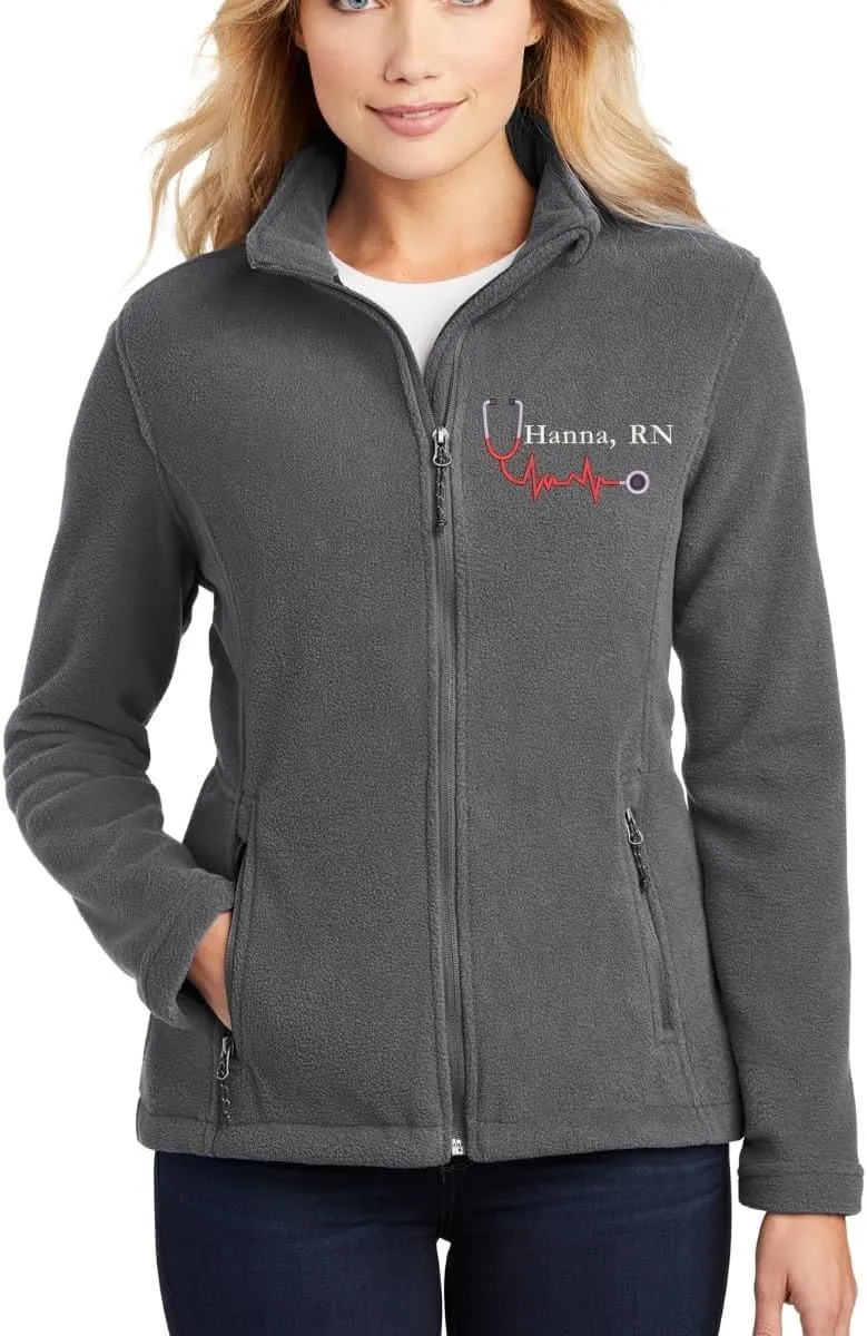 Custom Embroidery Full-Zip Fleece Jackets for women, Low-Pill Midweight with Drawcord Hem for Healthcare workers.