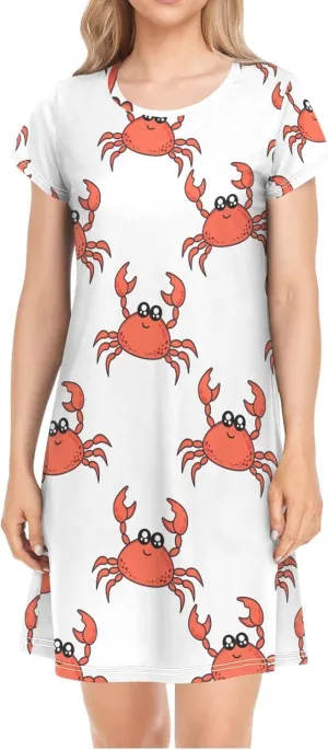 Cute Crab Nightgowns for Women Short Sleeve Sleepshirt Dress Sleepwear Pajama Dress Print Sleepdress S-2XL