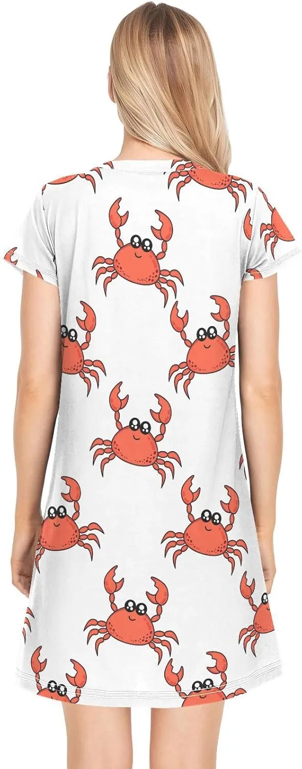 Cute Crab Nightgowns for Women Short Sleeve Sleepshirt Dress Sleepwear Pajama Dress Print Sleepdress S-2XL