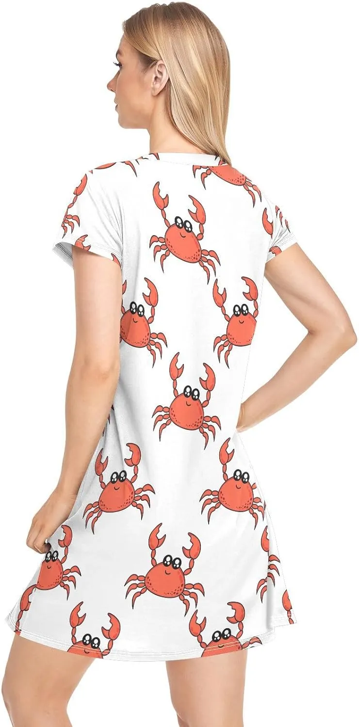 Cute Crab Nightgowns for Women Short Sleeve Sleepshirt Dress Sleepwear Pajama Dress Print Sleepdress S-2XL