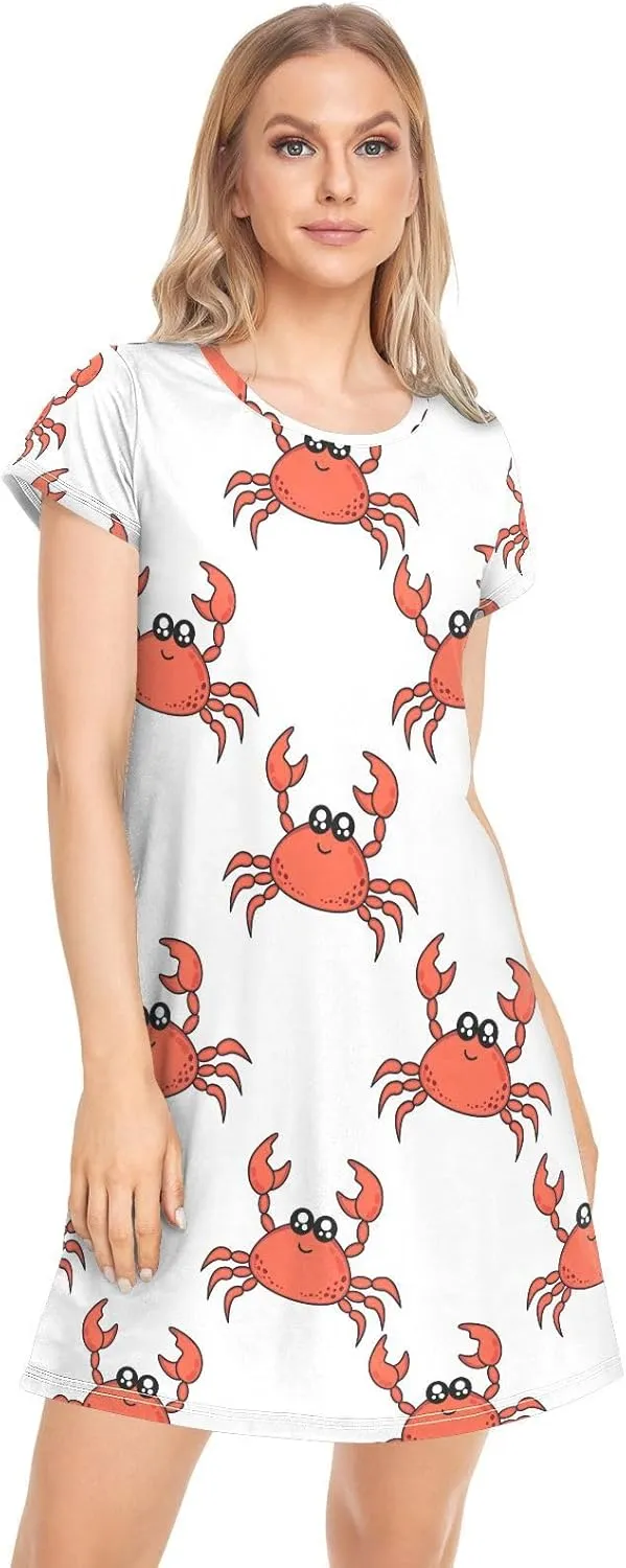 Cute Crab Nightgowns for Women Short Sleeve Sleepshirt Dress Sleepwear Pajama Dress Print Sleepdress S-2XL