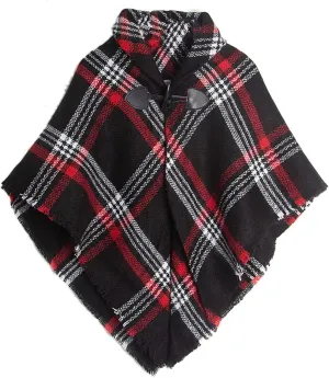 CXINS Girls Kids Fall Knitted Pullover Sweaters Horn Button Poncho Tassel Plaid Cloak Cape