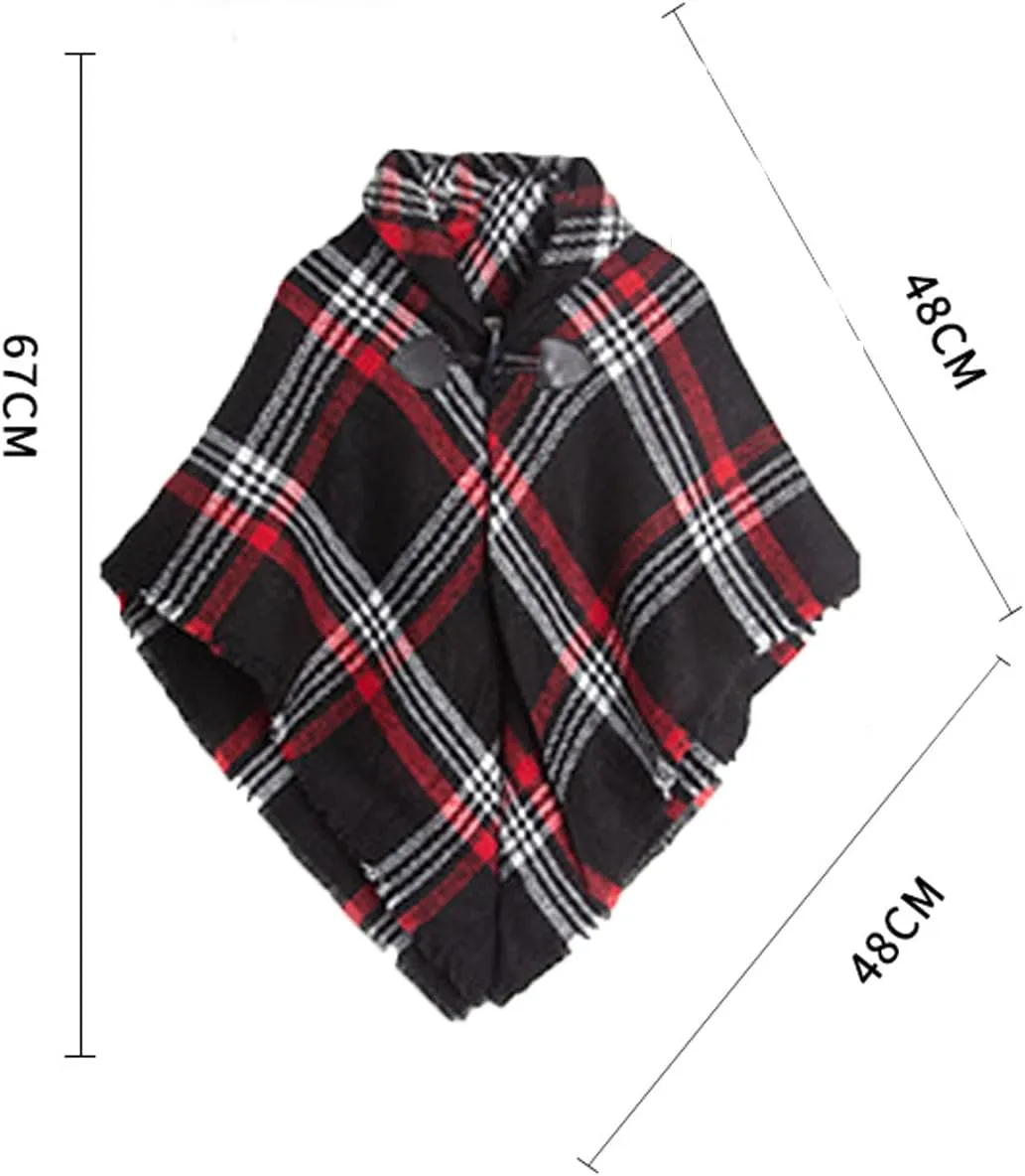 CXINS Girls Kids Fall Knitted Pullover Sweaters Horn Button Poncho Tassel Plaid Cloak Cape