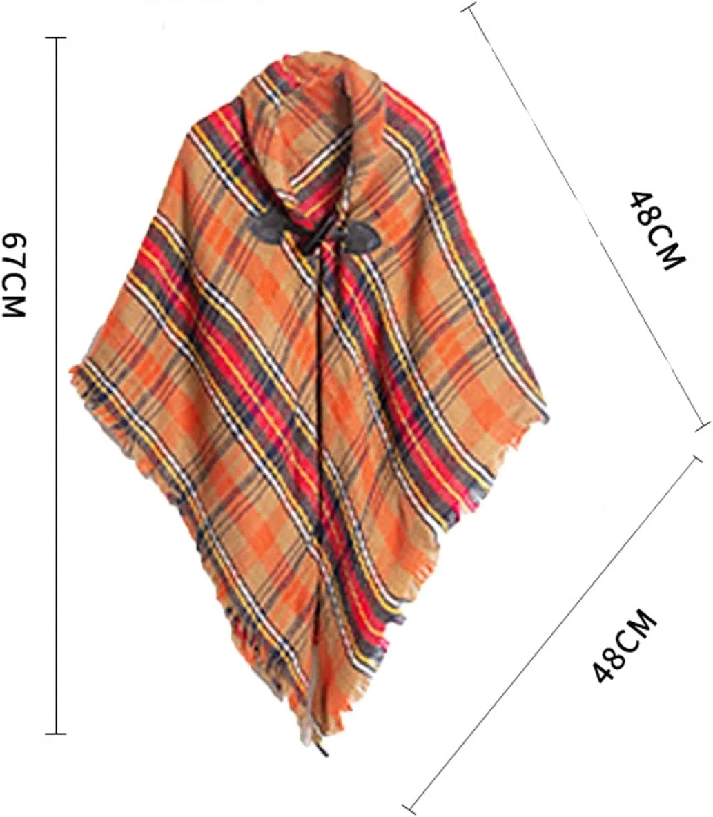 CXINS Girls Kids Fall Knitted Pullover Sweaters Horn Button Poncho Tassel Plaid Cloak Cape