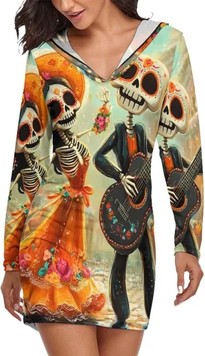 Day of The Dead Skull Mexico Day Nightgowns For Women Long Sleeve Pajama Dress Sleepwear Hoodie Dress Loungewear Sleep Dress