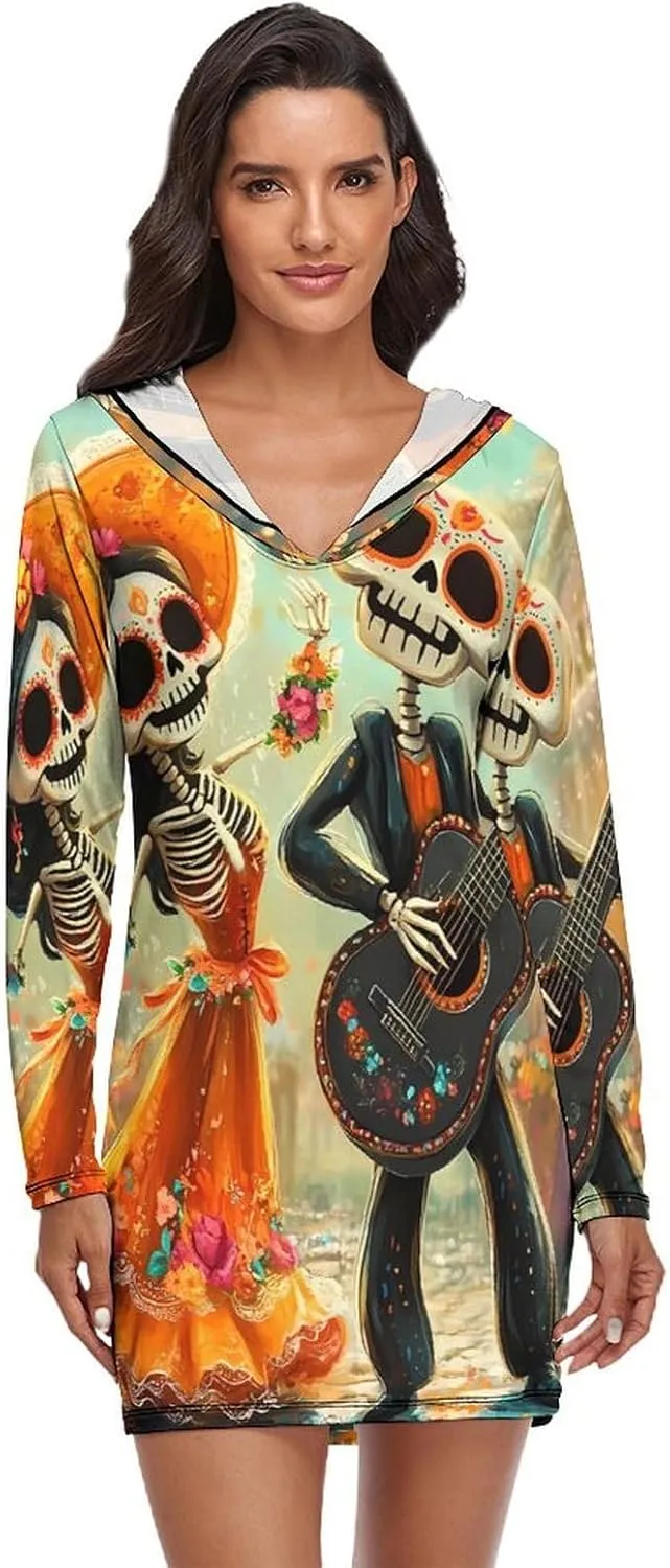 Day of The Dead Skull Mexico Day Nightgowns For Women Long Sleeve Pajama Dress Sleepwear Hoodie Dress Loungewear Sleep Dress