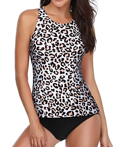 Deep Scoop Back Tankini Swimsuits For Women-Black And Leopard