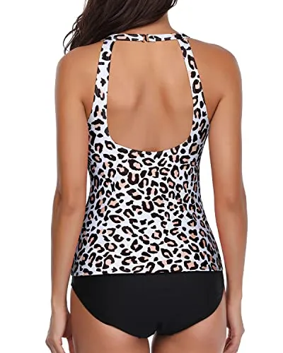 Deep Scoop Back Tankini Swimsuits For Women-Black And Leopard
