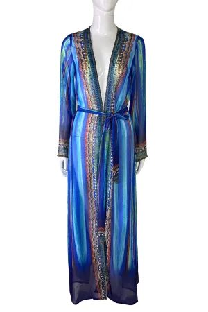 Designer Print Long Duster In Blue