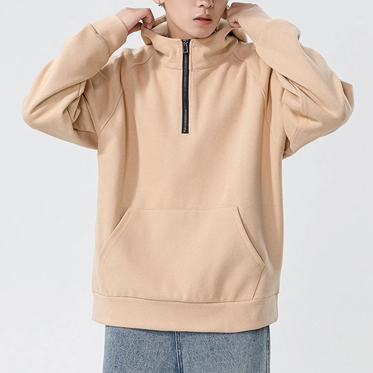 DGHM-JLMY Men's 1/4 Zipper Hooded Solid Color Hooded Big and Tall Loose Fit Heavyweight Sweatshirt Quarter-Zip Hooded