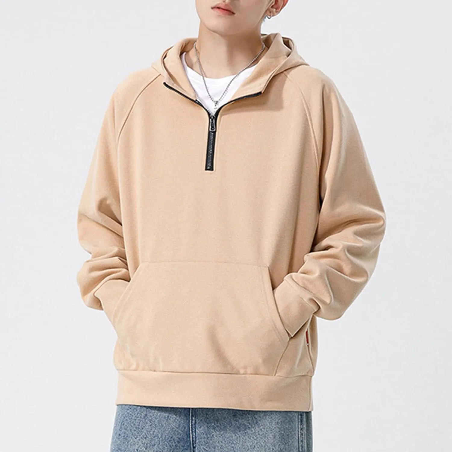 DGHM-JLMY Men's 1/4 Zipper Hooded Solid Color Hooded Big and Tall Loose Fit Heavyweight Sweatshirt Quarter-Zip Hooded
