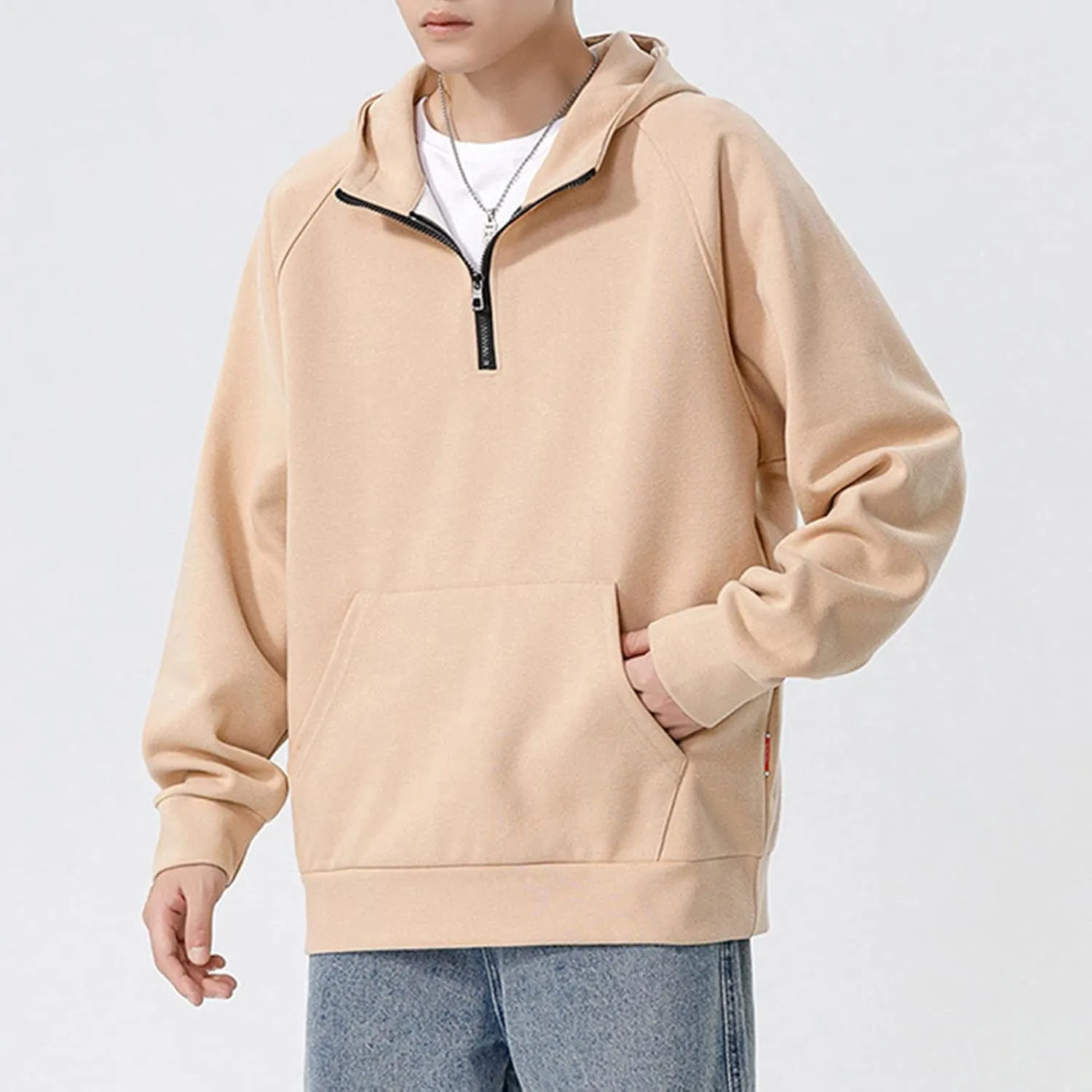 DGHM-JLMY Men's 1/4 Zipper Hooded Solid Color Hooded Big and Tall Loose Fit Heavyweight Sweatshirt Quarter-Zip Hooded