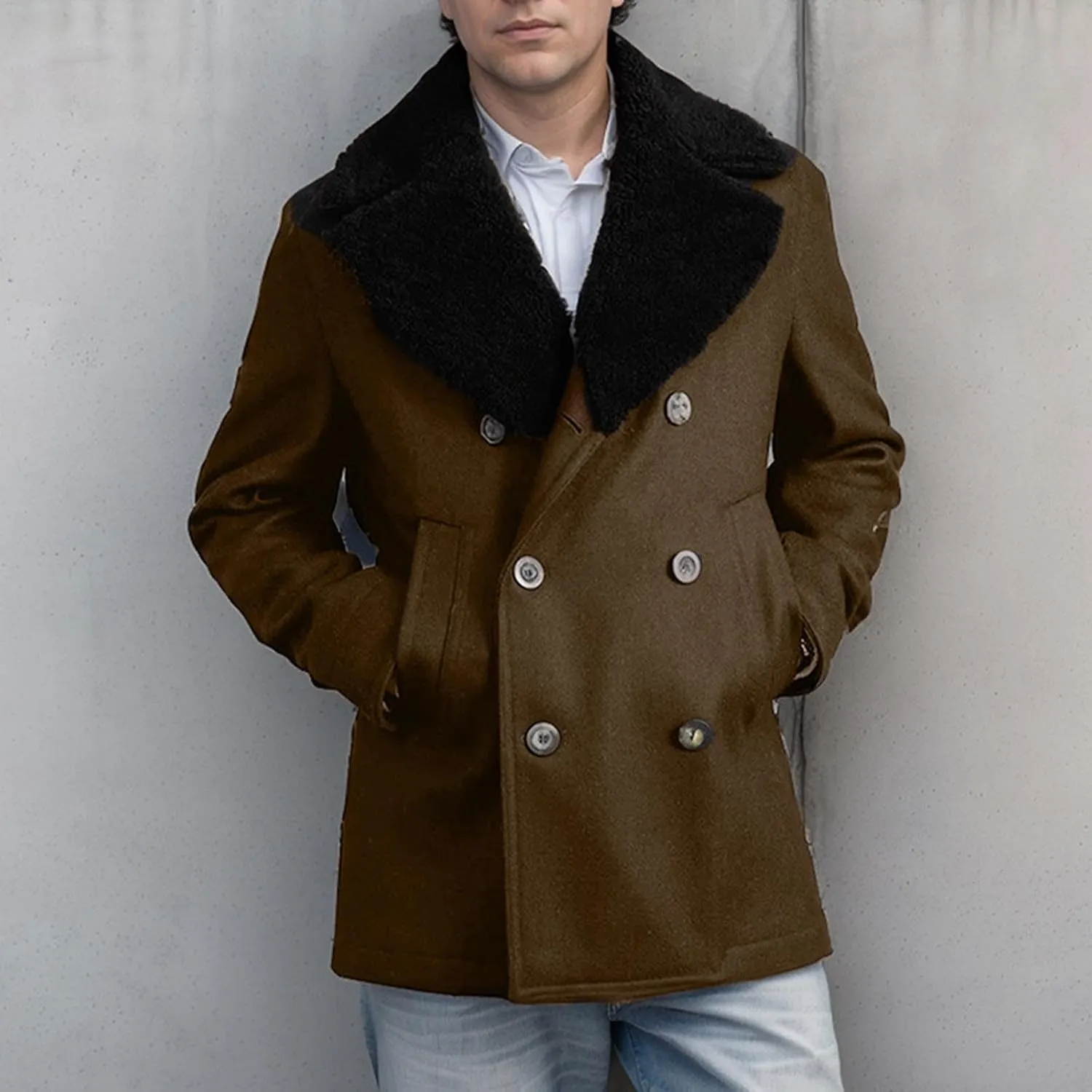 Dgoopd Mens Trench Coat Faux Fur Lapel Jacket Double Breasted Long Coat Open Front Cardigan Casual Peacoat Warm Winter Coat