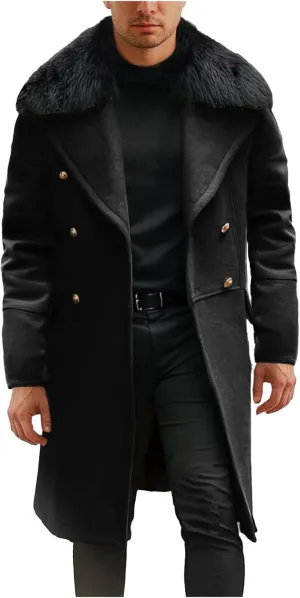 Dgoopd Mens Trench Coat Faux Fur Lapel Jacket Double Breasted Long Coat Open Front Cardigan Casual Peacoat Warm Winter Coat