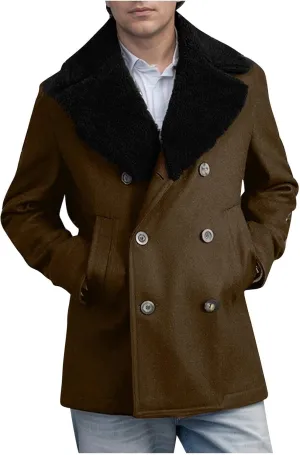 Dgoopd Mens Trench Coat Faux Fur Lapel Jacket Double Breasted Long Coat Open Front Cardigan Casual Peacoat Warm Winter Coat