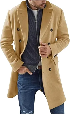 Dgoopd Men's Wool Blend Trench Coat Double Breasted Coat Notch Lapel Jacket Open Front Cardigan Mid Length Pea Coat