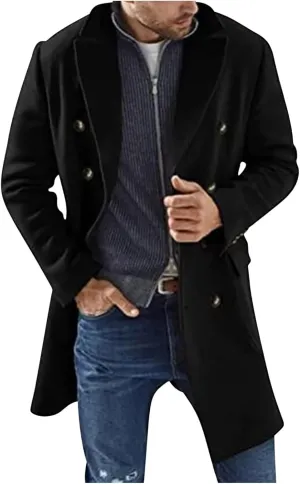 Dgoopd Men's Wool Blend Trench Coat Double Breasted Coat Notch Lapel Jacket Open Front Cardigan Mid Length Pea Coat