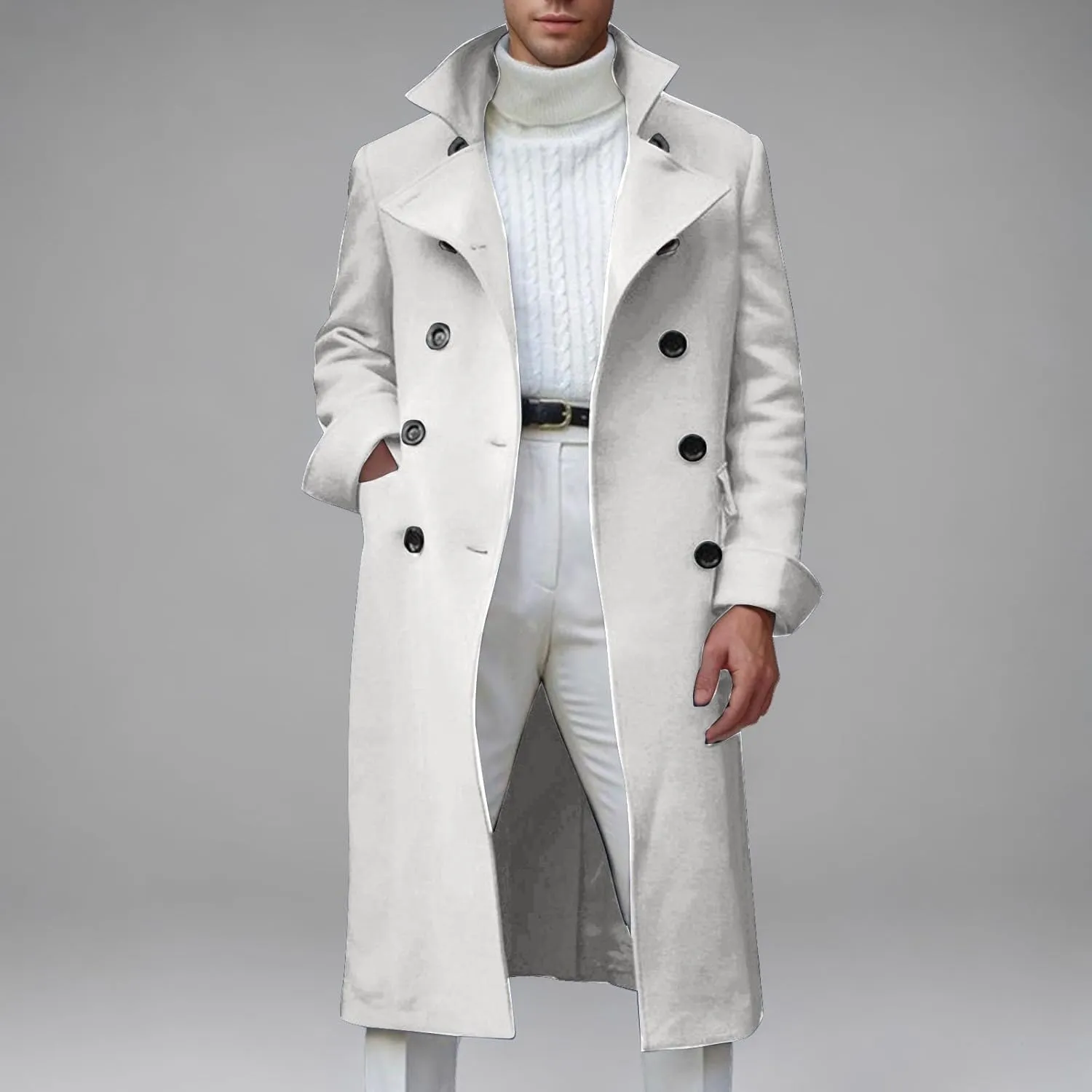 Dgoopd Trench Coat Men Stand Collar Wool Coat Double Breasted Pea Coat Notch Lapel Overcoat Long Winter Coat Casual Jacket