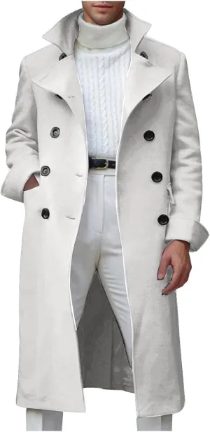 Dgoopd Trench Coat Men Stand Collar Wool Coat Double Breasted Pea Coat Notch Lapel Overcoat Long Winter Coat Casual Jacket