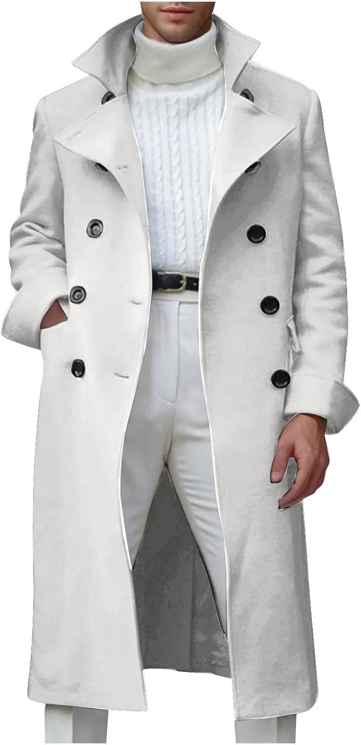 Dgoopd Trench Coat Men Stand Collar Wool Coat Double Breasted Pea Coat Notch Lapel Overcoat Long Winter Coat Casual Jacket