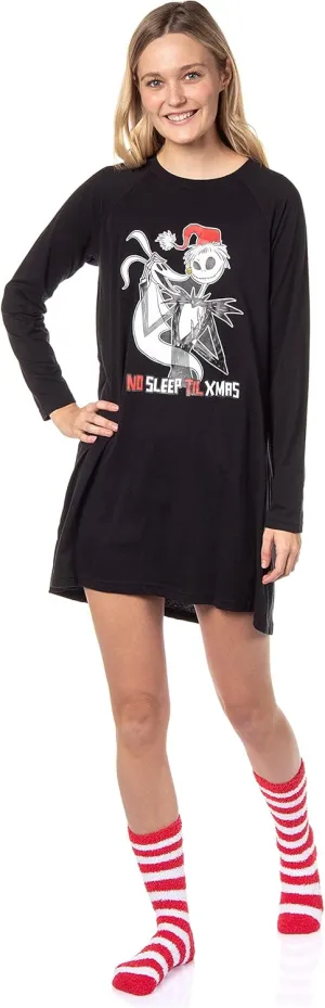 Disney The Nightmare Before Christmas Women's Jack Skellington No Sleep Til Xmas Sleep Shirt With Socks