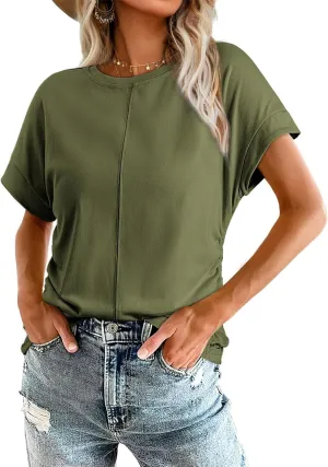 Dokotoo Spring Tops for Women 2025 Round Neck Cap Sleeve Side Ruched Summer Tops for Women Trendy Women Clothing