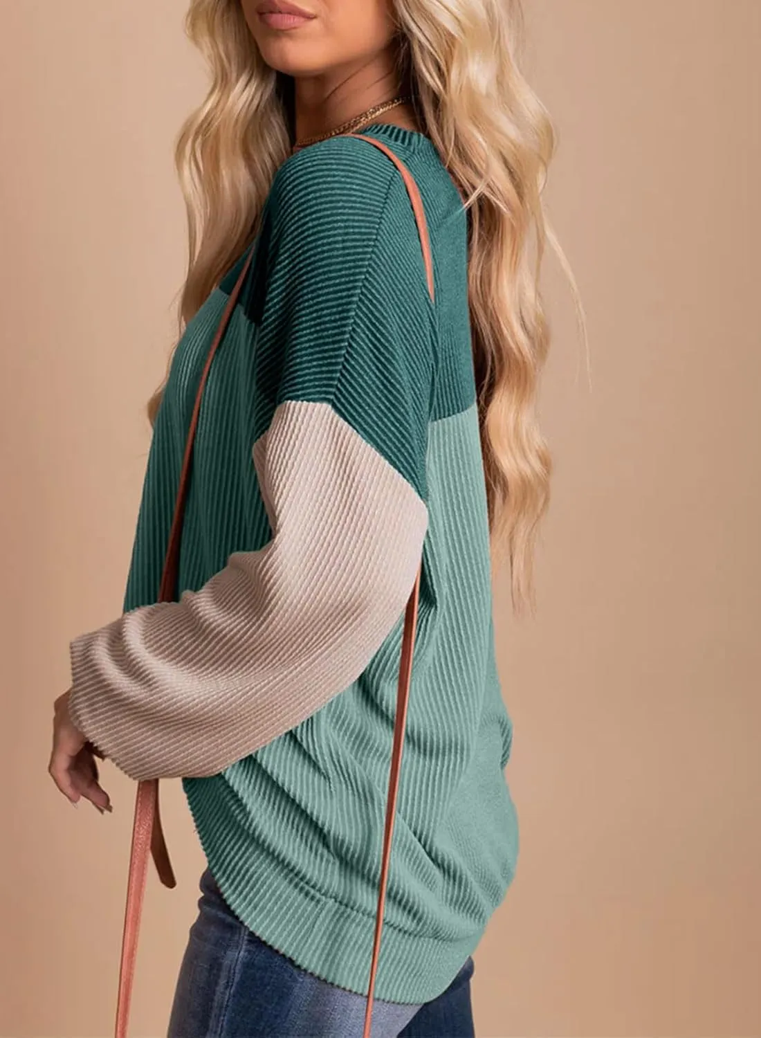 Dokotoo Womens Fashion 2025 Color Block Long Sleeve Crewneck Knitted Casual Loose Pullover Shirts Tops