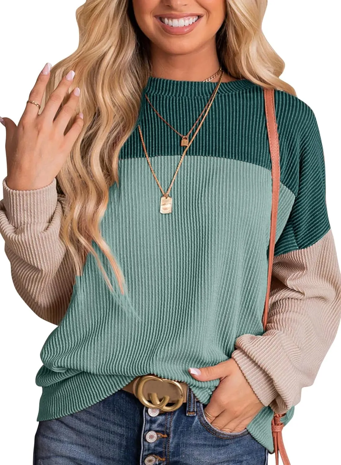 Dokotoo Womens Fashion 2025 Color Block Long Sleeve Crewneck Knitted Casual Loose Pullover Shirts Tops