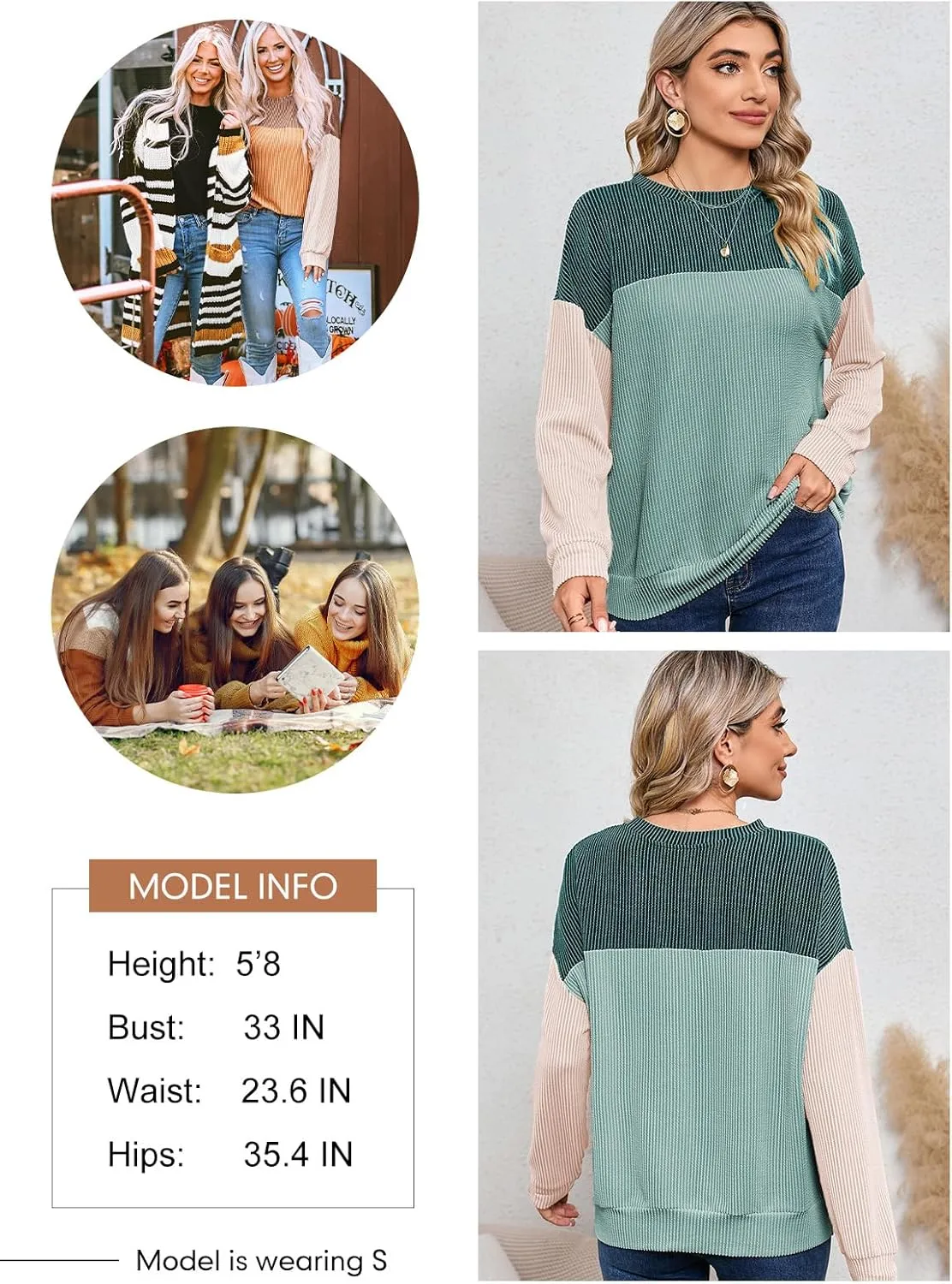 Dokotoo Womens Fashion 2025 Color Block Long Sleeve Crewneck Knitted Casual Loose Pullover Shirts Tops