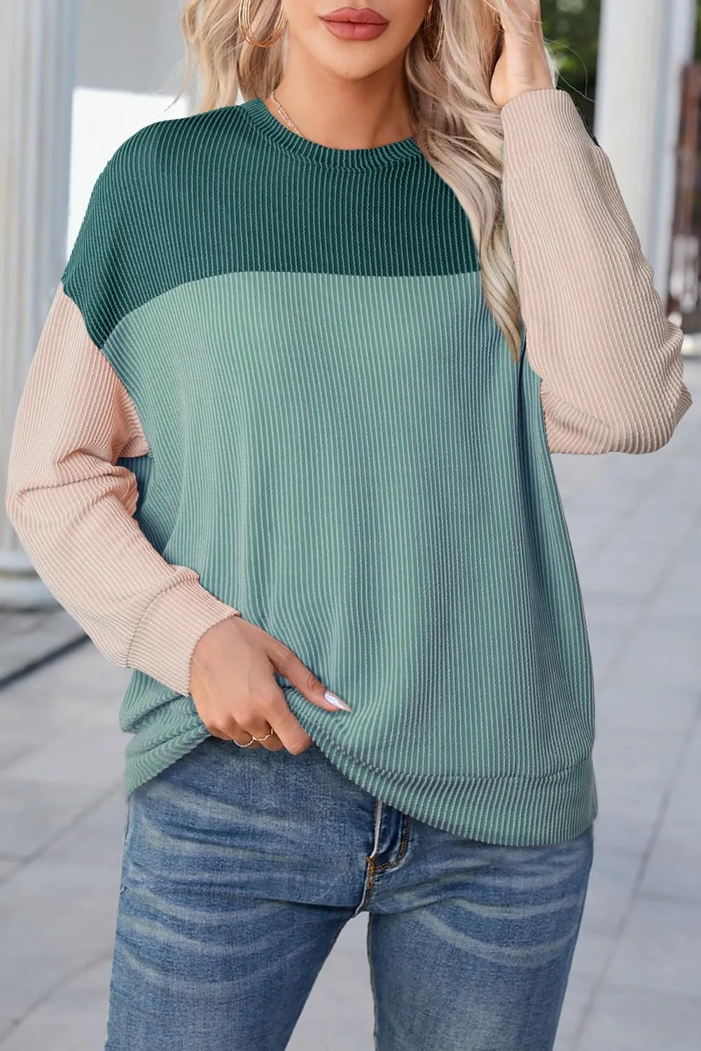 Dokotoo Womens Fashion 2025 Color Block Long Sleeve Crewneck Knitted Casual Loose Pullover Shirts Tops