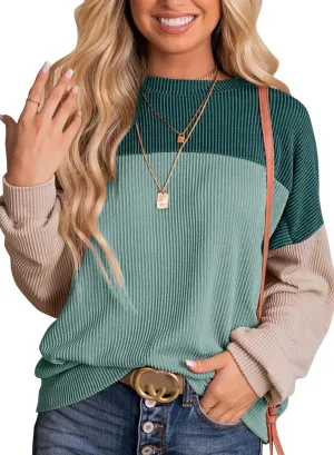 Dokotoo Womens Fashion 2025 Color Block Long Sleeve Crewneck Knitted Casual Loose Pullover Shirts Tops