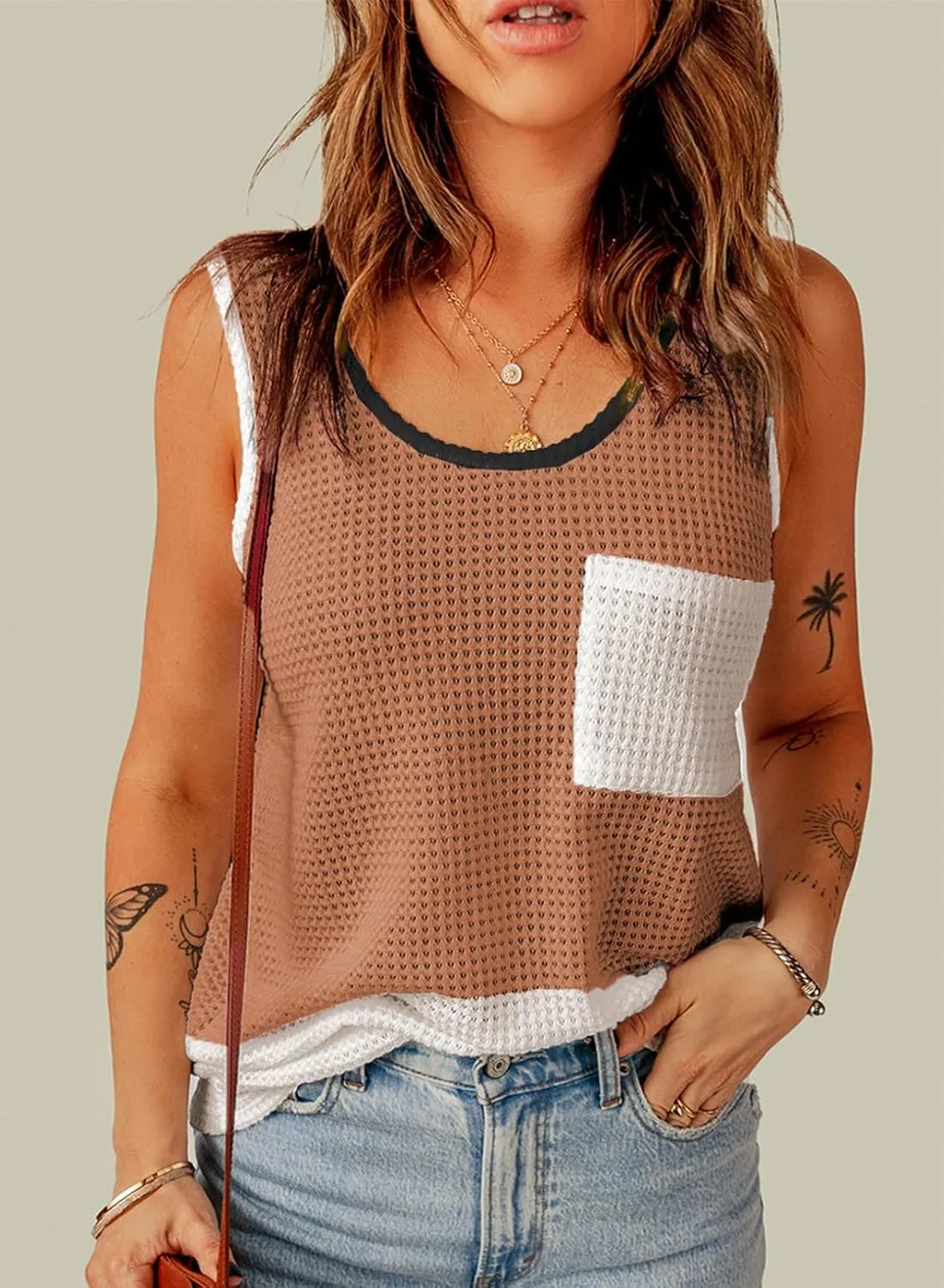 Dokotoo Womens Tank Tops Summer Waffle Knit Casual Crewneck Sleeveless Color Block Blouses Tops with Pockets