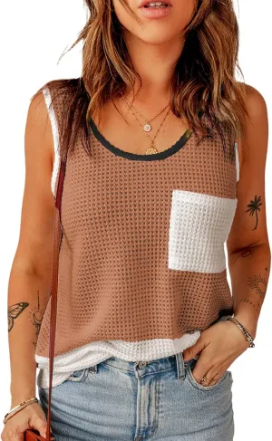 Dokotoo Womens Tank Tops Summer Waffle Knit Casual Crewneck Sleeveless Color Block Blouses Tops with Pockets