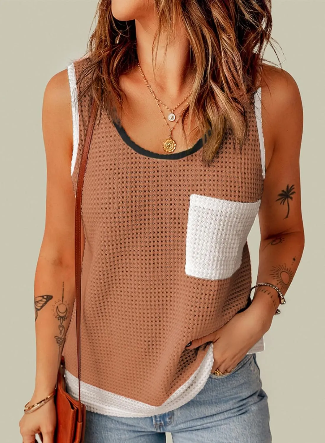 Dokotoo Womens Tank Tops Summer Waffle Knit Casual Crewneck Sleeveless Color Block Blouses Tops with Pockets