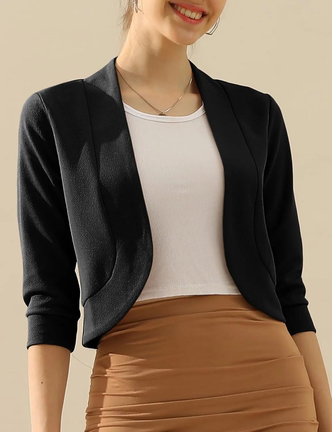 DOUBLJU Bolero Open Front Cardigan Crop Jackets 3/4 Sleeve Basic Cropped Blazers Business Casual for Womens with Plus Size